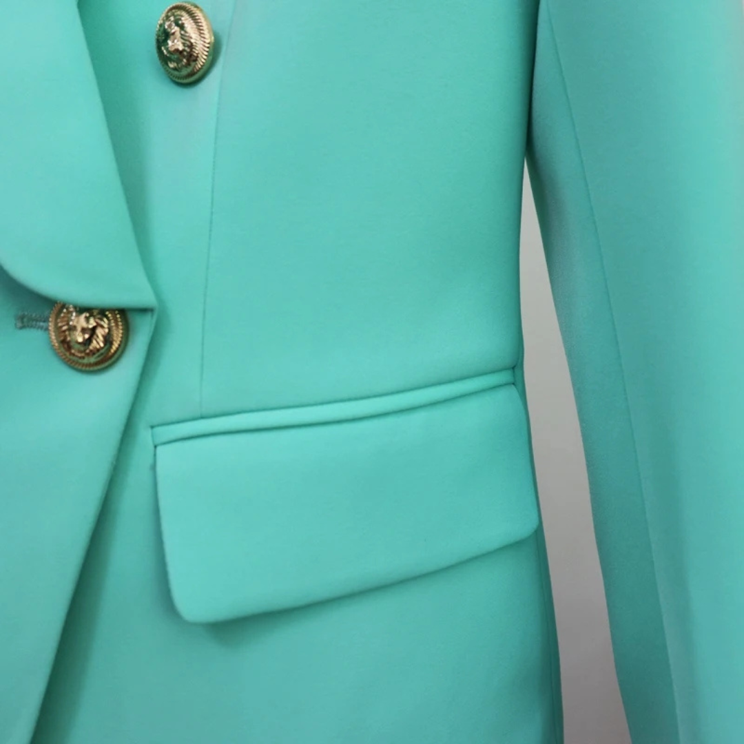 Double Breasted Blazer - Slim Elegant Jacket - Lion Buttons with Shawl Collar