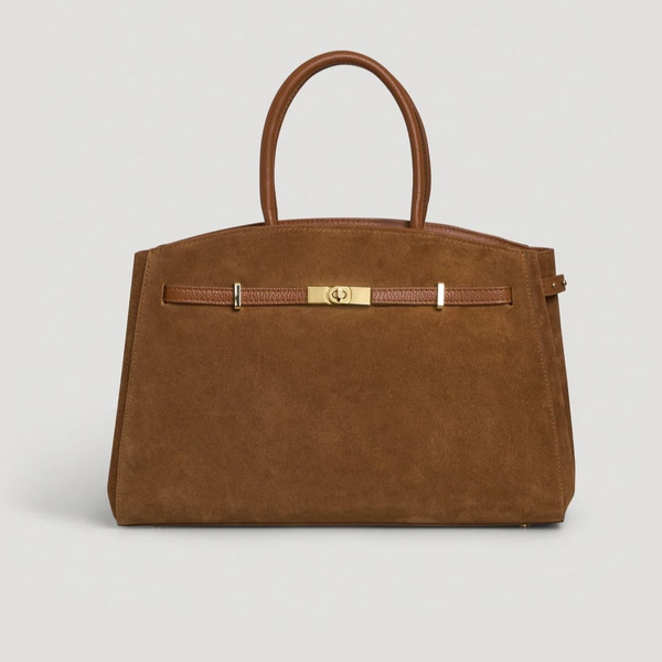 Borsa Sonia in vera pelle e camoscio color cuoio, Made in Italy