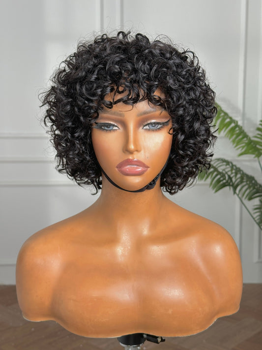 Parrucca Kinky Curly con Frange - Pixie cut Capelli 100% Virgin Hair