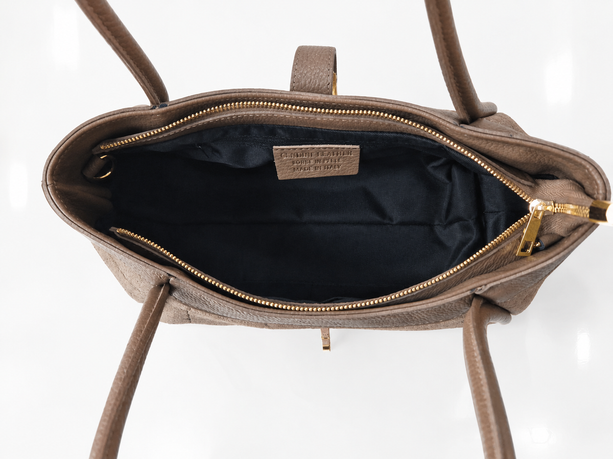 NAOMI — Borsa Media in Pelle e Camoscio Stampato, Made in Italy - Taupe