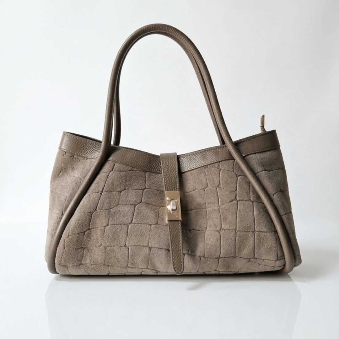 NAOMI — Borsa Media in Pelle e Camoscio Stampato, Made in Italy - Taupe