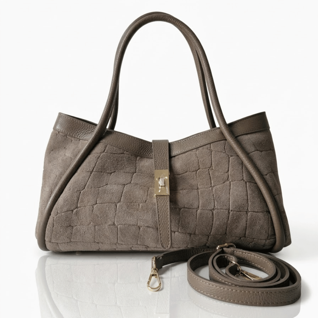 NAOMI — Borsa Media in Pelle e Camoscio Stampato, Made in Italy - Taupe