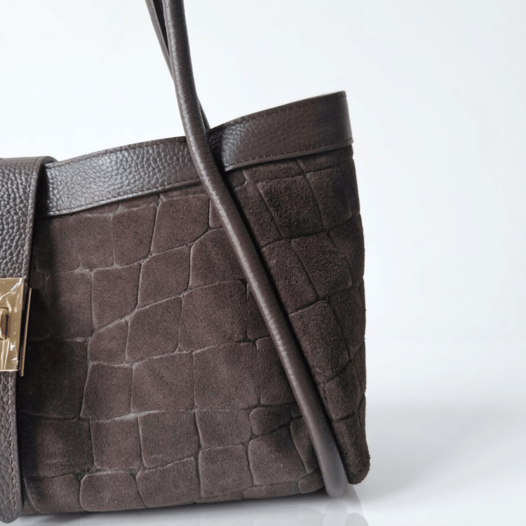 NAOMI — Borsa Media in Pelle e Camoscio Stampato, Made in Italy - Testa di Moro
