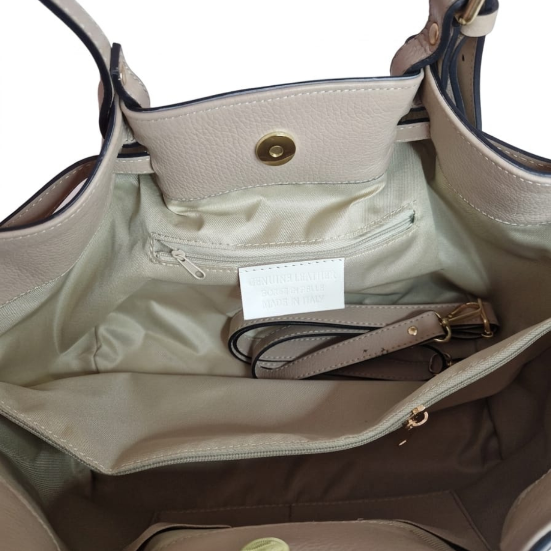 Borsa Tote a Spalla "Sandy" Vera Pelle Dollaro - Beige