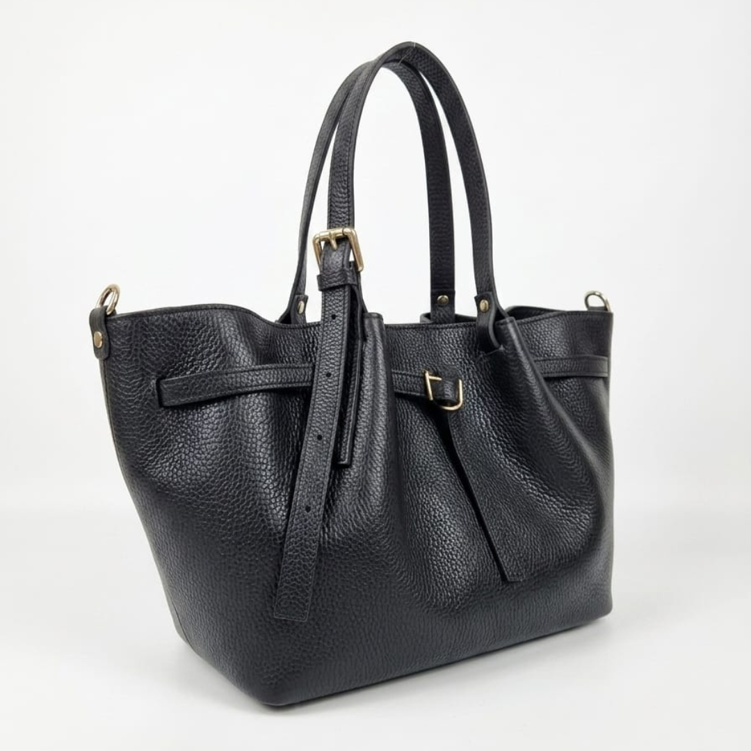 Borsa Tote a Spalla "Sandy" Vera Pelle Dollaro - Nera