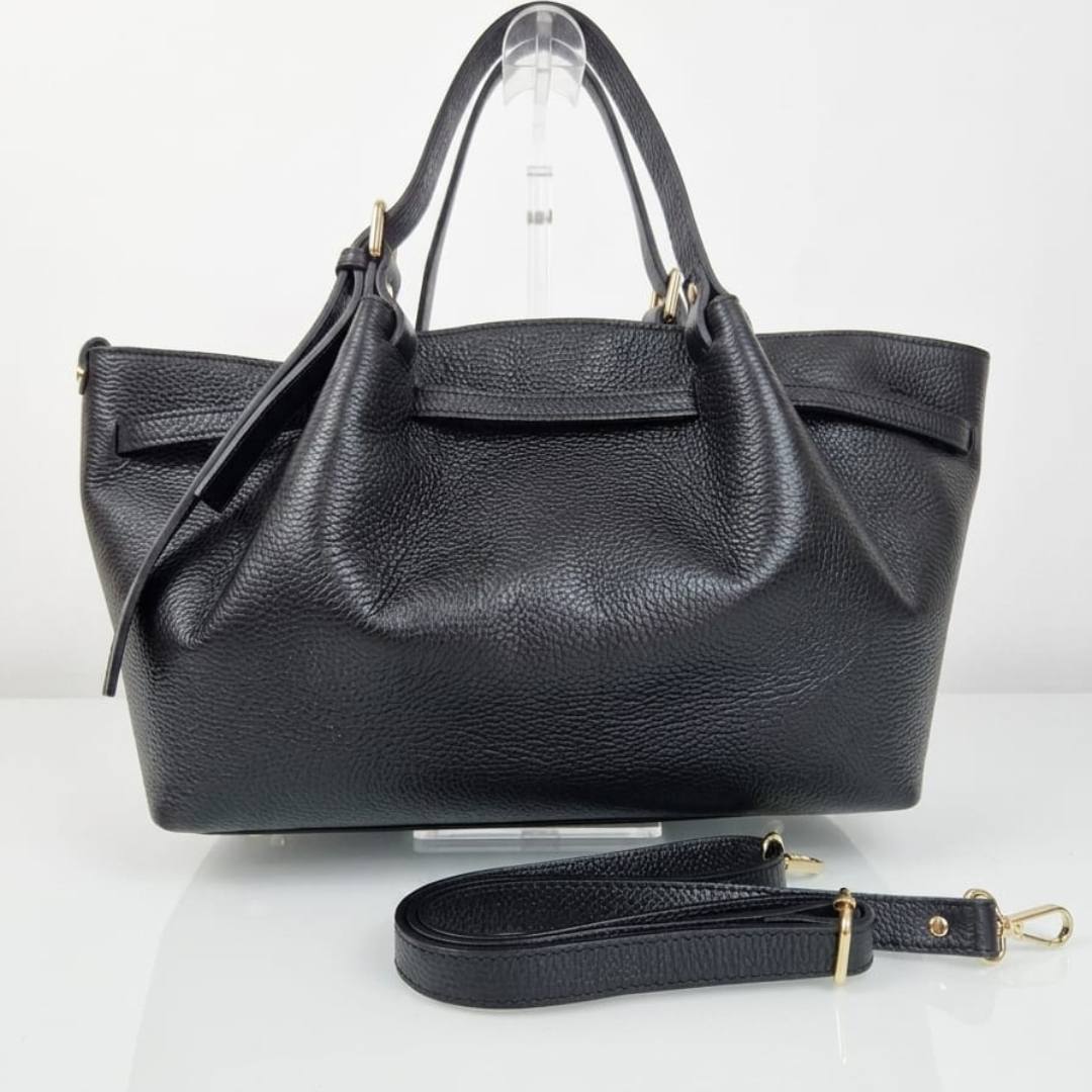 Borsa Tote a Spalla "Sandy" Vera Pelle Dollaro - Nera