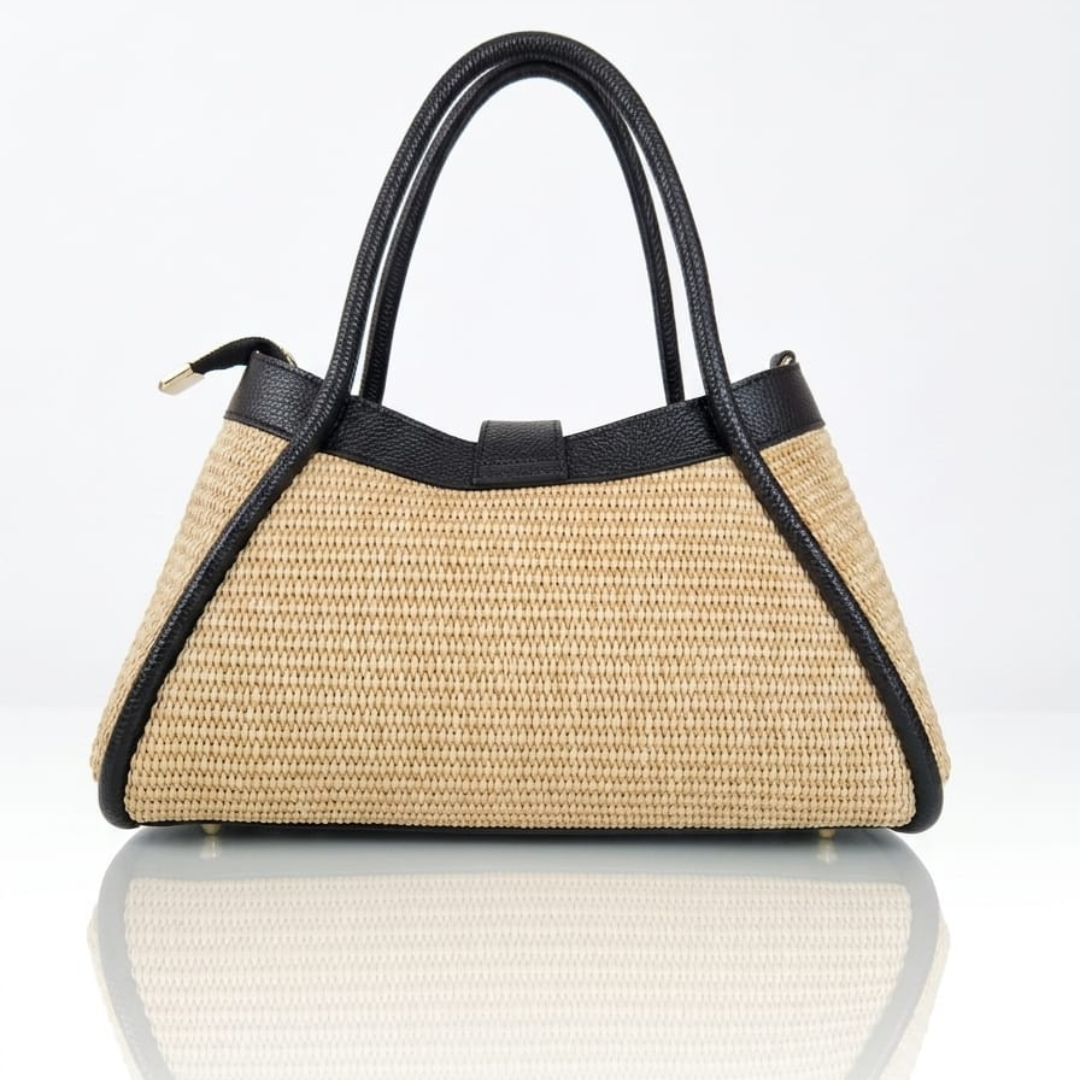 Borsa a Mano "Mini Naomi" in Rafia e Pelle Made in Italy - Nera