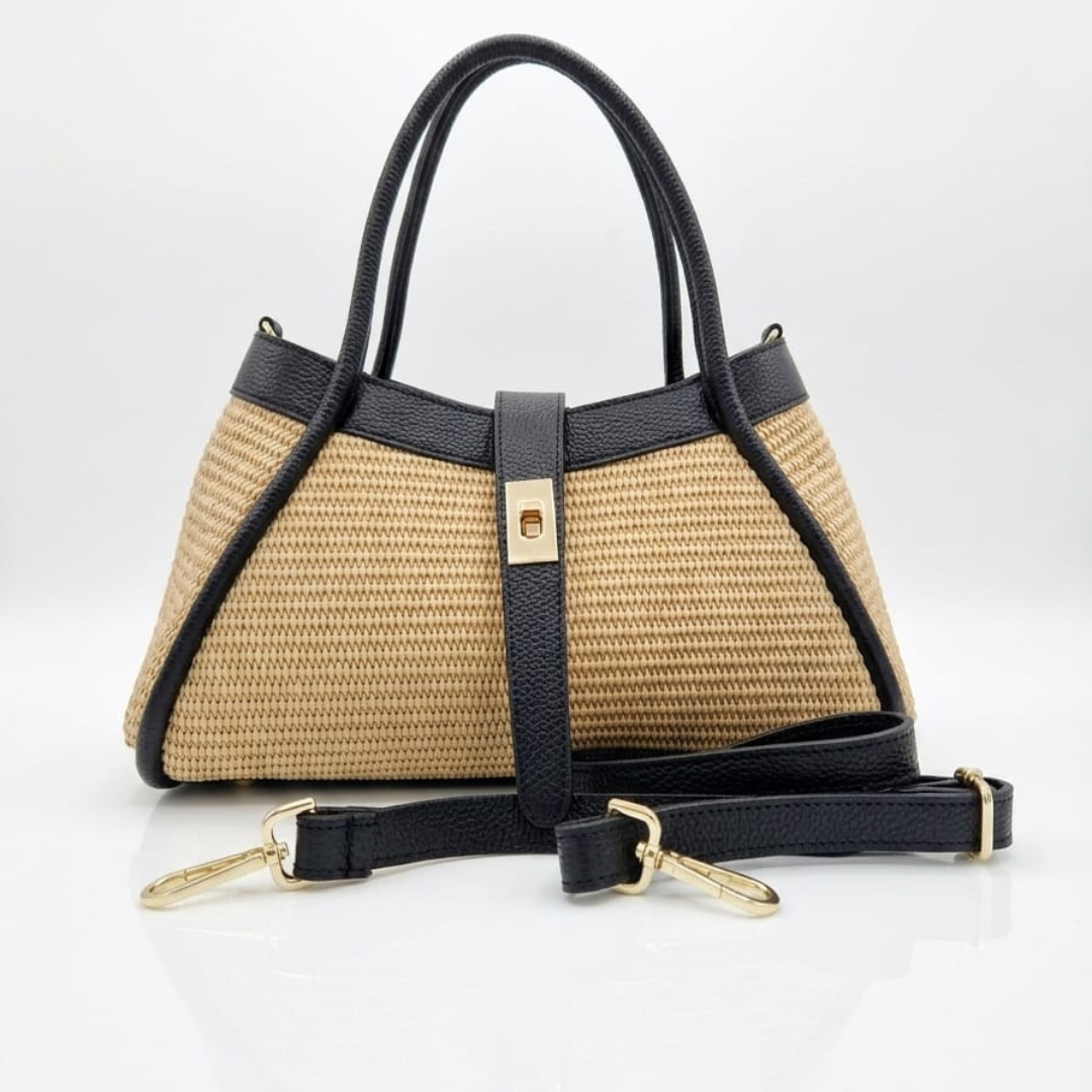 Borsa a Mano "Mini Naomi" in Rafia e Pelle Made in Italy - Nera