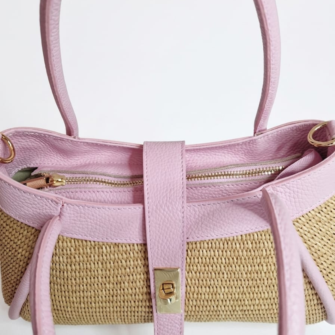 Borsa a Mano "Mini Naomi" in Rafia e Pelle Made in Italy - Rosa