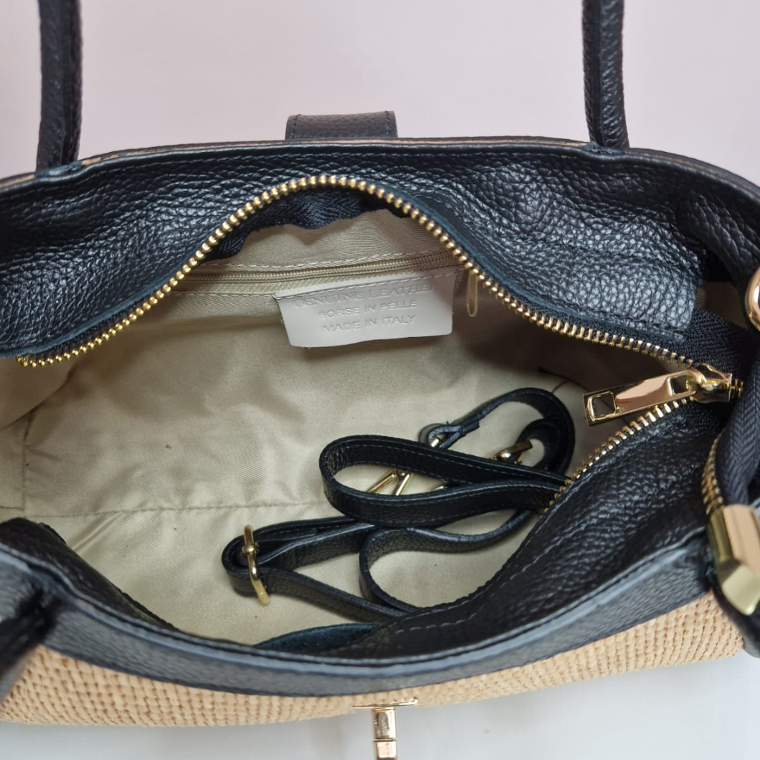 Borsa a Mano "Mini Naomi" in Rafia e Pelle Made in Italy - Nera