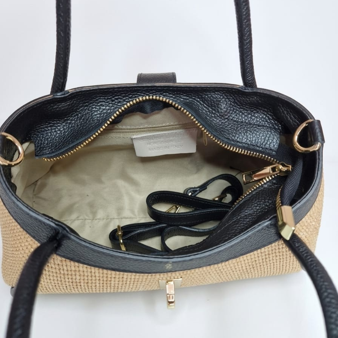Borsa a Mano "Mini Naomi" in Rafia e Pelle Made in Italy - Nera