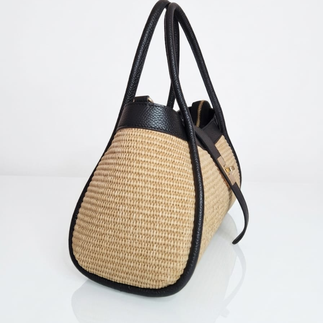 Borsa a Mano "Mini Naomi" in Rafia e Pelle Made in Italy - Nera