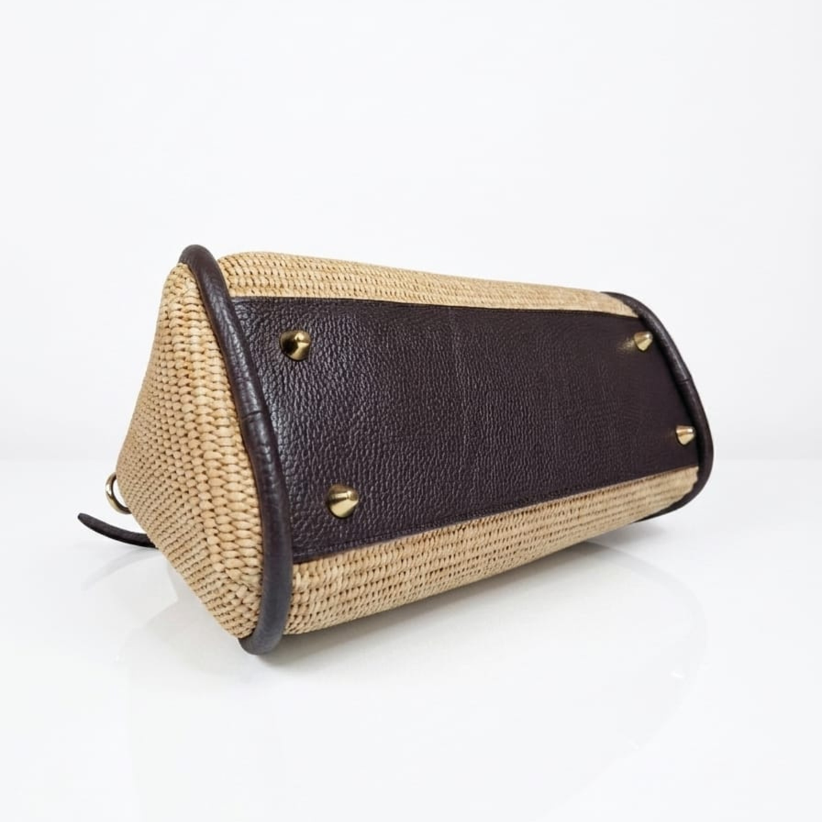 Borsa a mano e tracolla MINI NAOMI in rafia e pelle marrone scuro, Made in Italy
