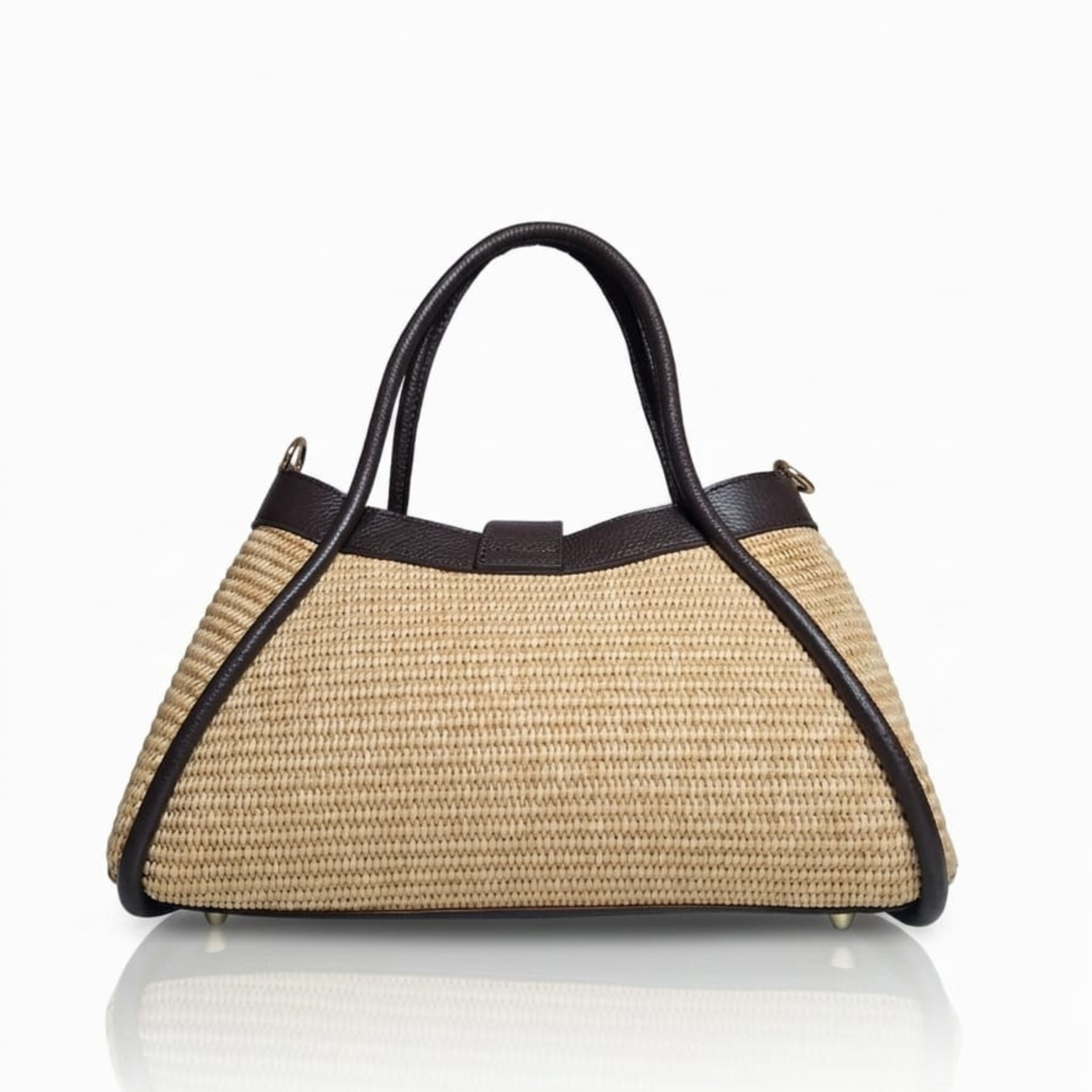 Borsa a mano e tracolla MINI NAOMI in rafia e pelle marrone scuro, Made in Italy