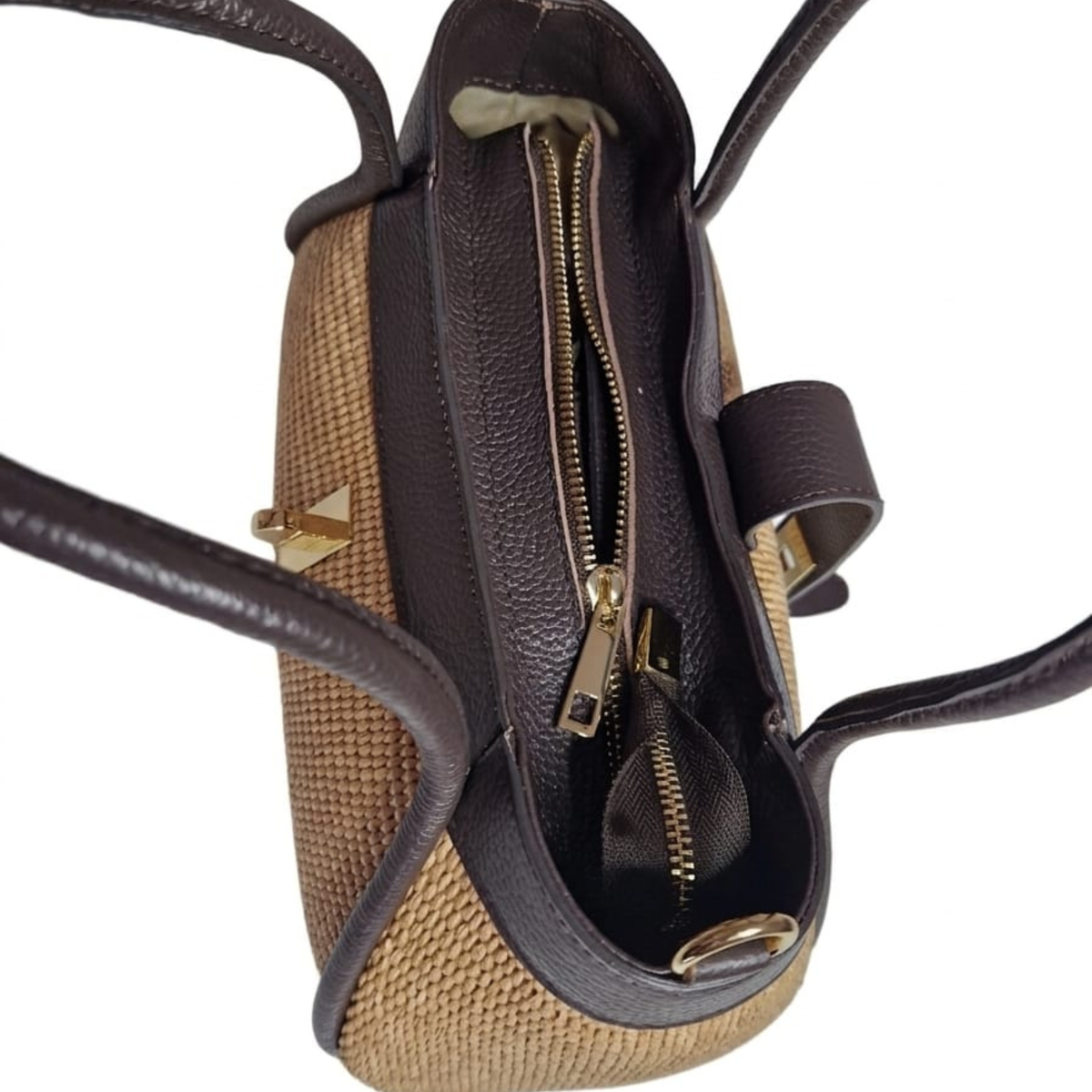 Borsa a mano e tracolla MINI NAOMI in rafia e pelle marrone scuro, Made in Italy