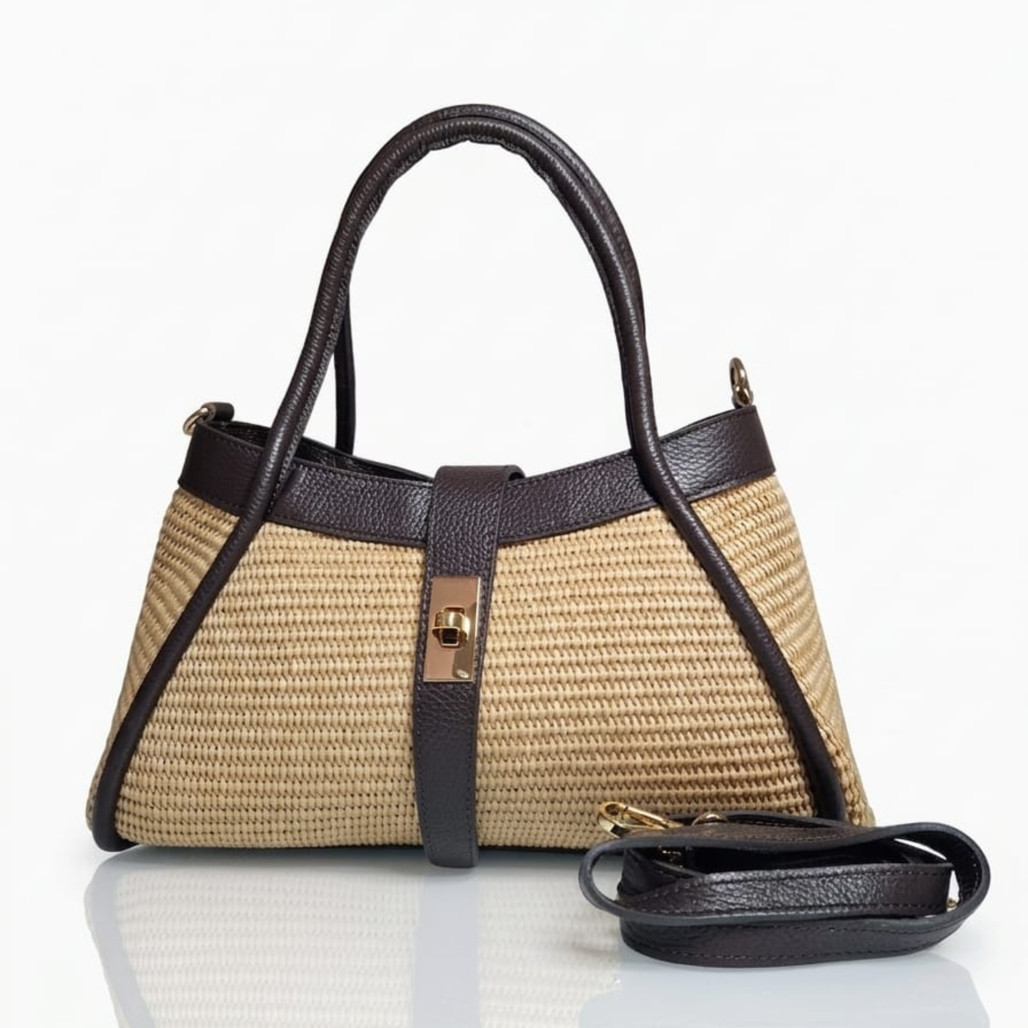 Borsa a Mano e Tracolla MINI NAOMI in Rafia e Pelle - Marrone