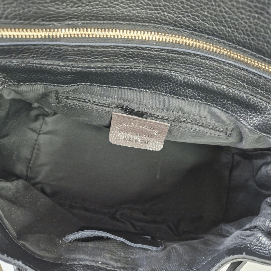 Borsa PARIS a mano in vera pelle martellata nera con chiusura a lucchetto, Made in Italy