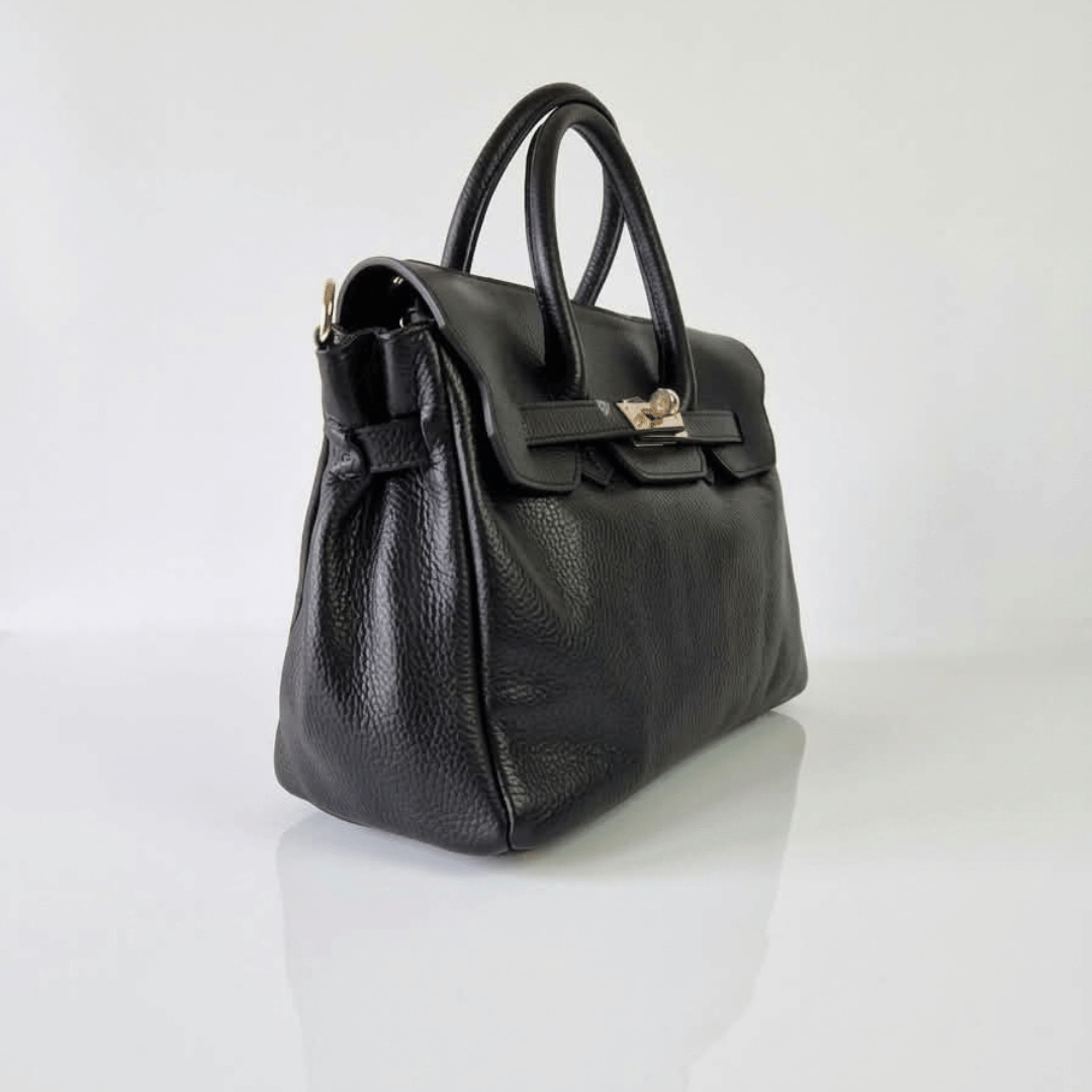 Borsa PARIS a mano in vera pelle martellata nera con chiusura a lucchetto, Made in Italy