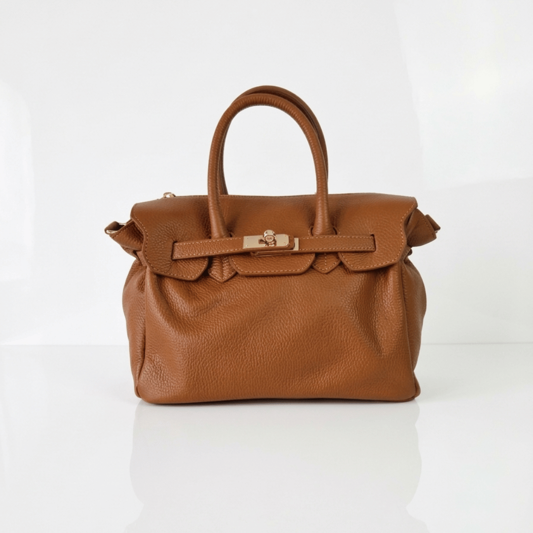 Borsa PARIS a mano in vera pelle martellata cuoio con chiusura a lucchetto, Made in Italy