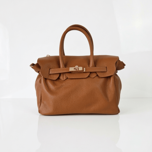 Borsa PARIS a mano in vera pelle martellata cuoio con chiusura a lucchetto, Made in Italy