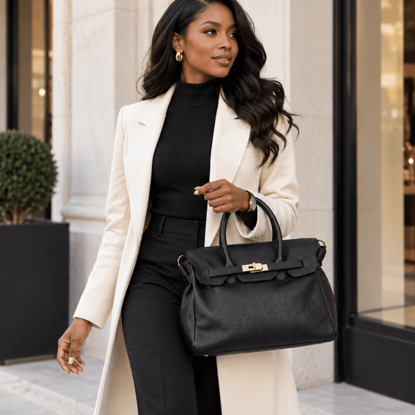 Borsa PARIS a mano in vera pelle martellata nera con chiusura a lucchetto, Made in Italy