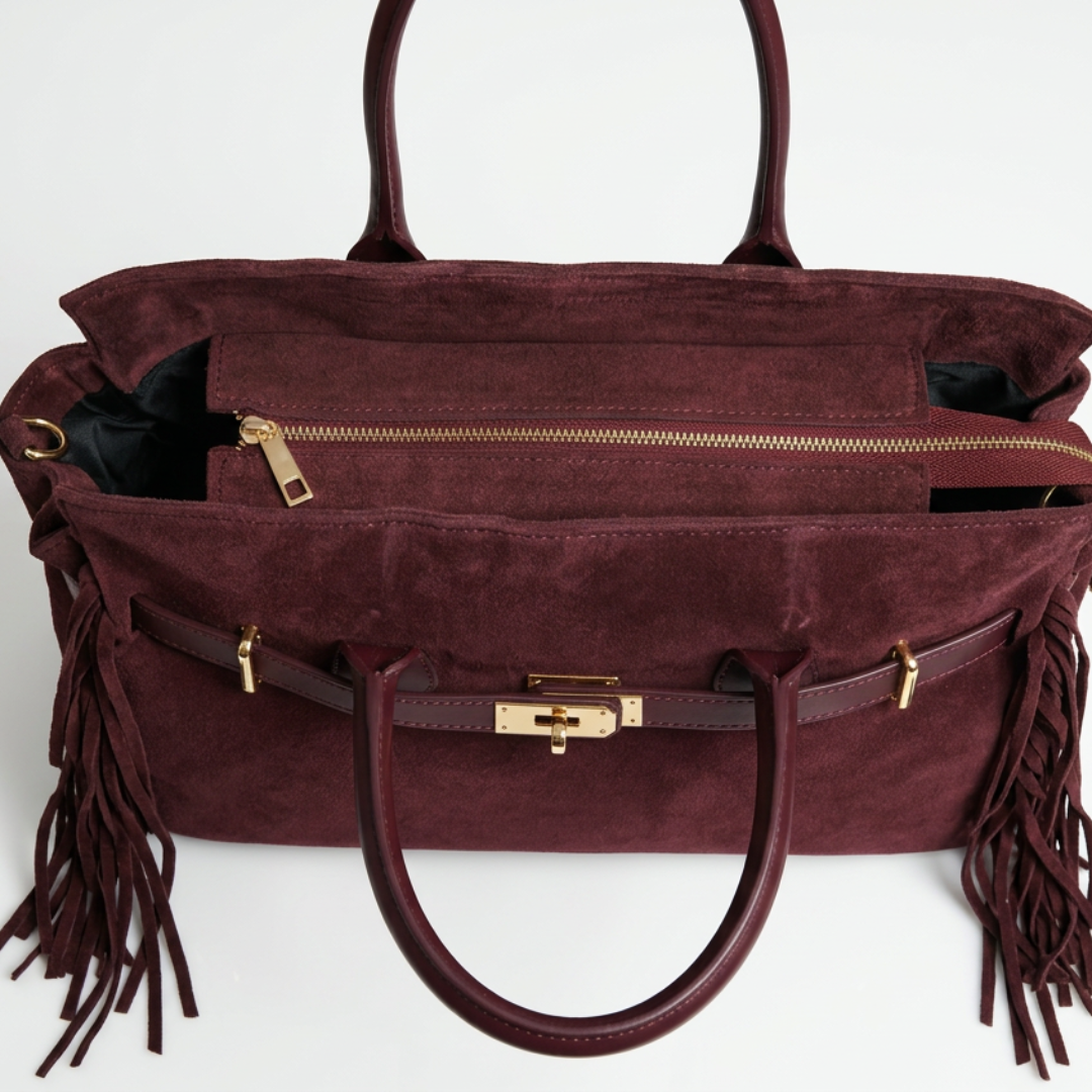 Borsa CELINE a mano e spalla in camoscio e vera pelle bordeaux, Made in Italy