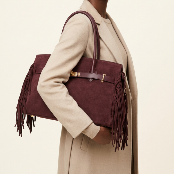 Borsa CELINE a mano e spalla in camoscio e vera pelle bordeaux, Made in Italy