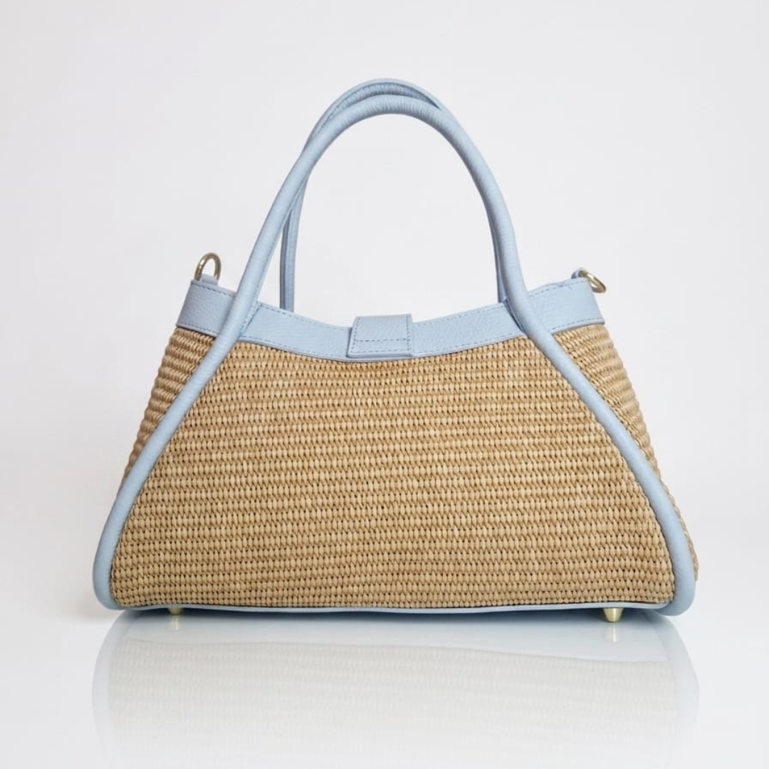 Borsa a Mano "Mini Naomi" in Rafia e Pelle Made in Italy - Azzura