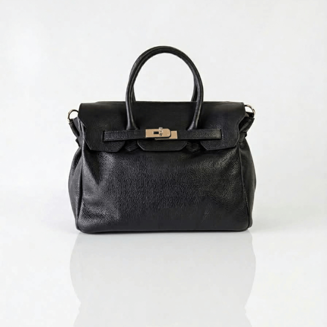 Borsa PARIS a mano in vera pelle martellata nera con chiusura a lucchetto, Made in Italy