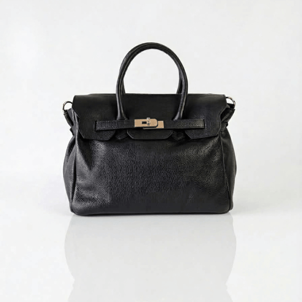 Borsa PARIS a mano in vera pelle martellata nera con chiusura a lucchetto, Made in Italy