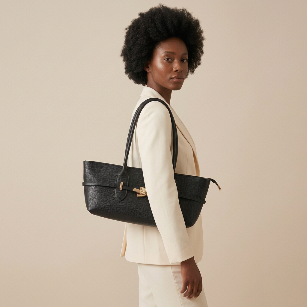 Modella afro con borsa KESSIE nera a spalla in formato quadrato